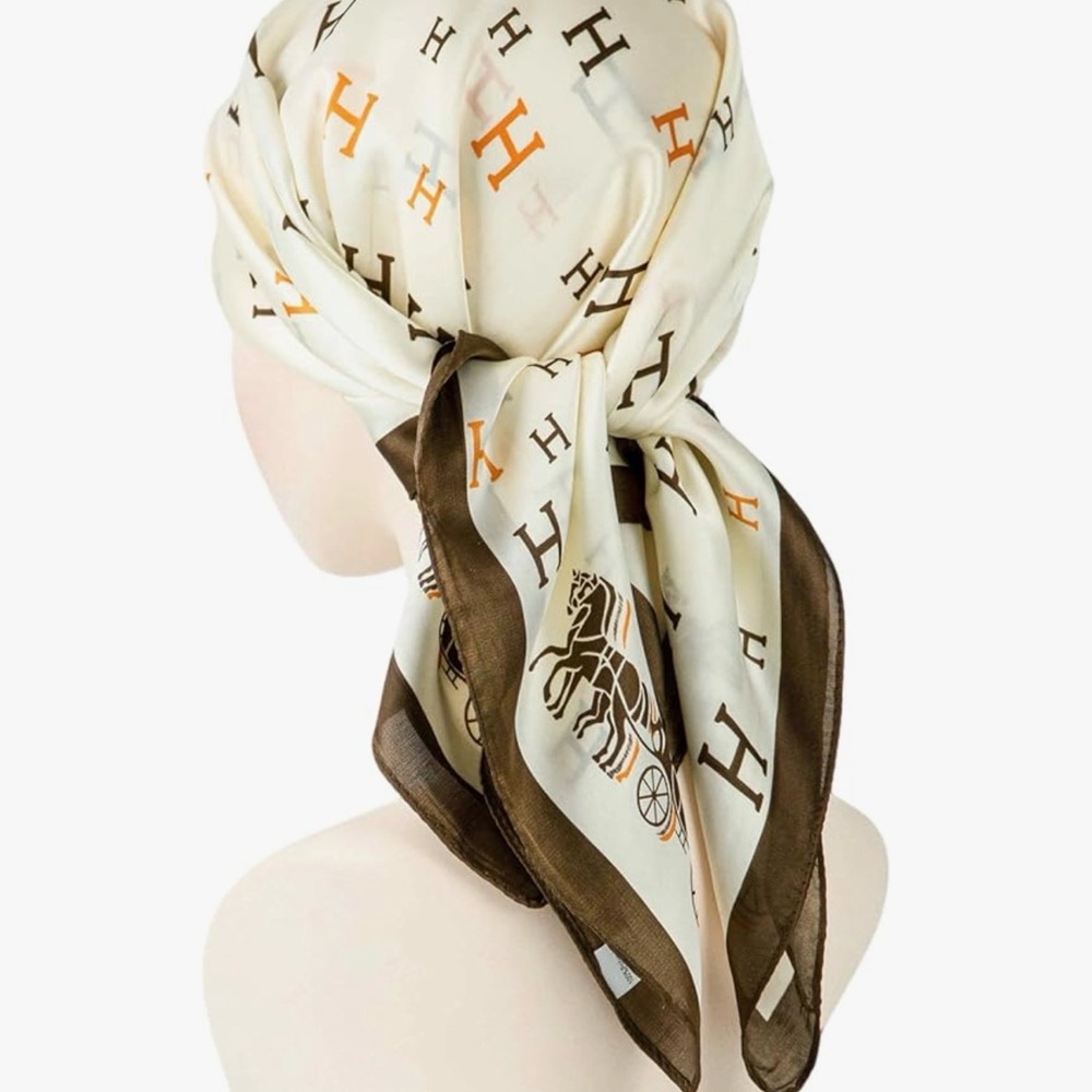 NWT Elegant Cream and Brown “H” Silk Scarf